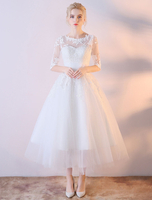 Robe De Mariage Manches Mi-Longues Transparentes En Dentelle Robe A-Ligne Simple Chic Robe De Mariée 2021