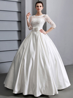 Robe de mariage soutenue A-ligne ivoire en satin détail col rond avec dentelle longueur plancher Milanoo