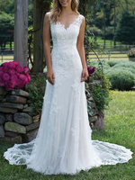 Robe de mariée à la plage blanche en dentelle col V à traîne robe de mariage