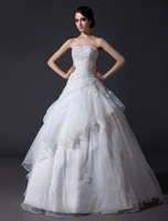 Robe de mariée A-ligne bustier en organza ivoire avec dentelle