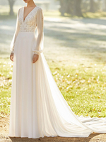 Robe De Mariée A-Ligne Col V En Dentelle Manches Longues Transparentes à Traîne Robe De Mariage 2021