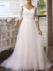 Robe de mariée A-ligne manches demi-cou en dentelle Tulle Robe de mariée avec Train