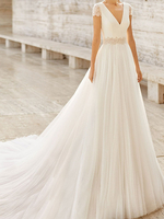 Robe de Mariée avec Traîne Col en V Manches Courtes Robe Trapèze en Dentelle Robe de Mariage Simple Tulle