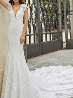 Robe de Mariée avec Traîne Col en V Robe Sirène Robe à Bretelle Robe de Mariage