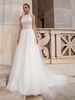 Robe de mariée balayage A-ligne sans manches en tulle bijou cou robes de mariée