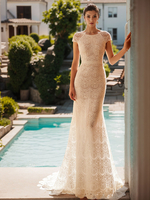 Robe de mariée balayage sirène manches courtes dentelle bijou cou robes de mariée