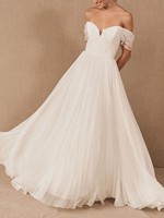 Robe de mariée blanche A-ligne Bateau taille naturelle en mousseline de soie dos à glissière longueur de plancher robe de mariée