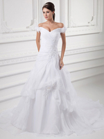 Robe de Mariée Blanche avec Col de Bateau Tulle Robe Trapèze