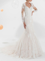 Robe de mariée blanche avec train manches longues en dentelle col en V robe de mariée sirène