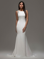 Robe de mariée blanche avec train sans manches en dentelle stretch crêpe bijou cou longues robes de mariée