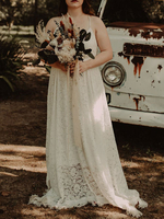 Robe de mariée blanche Bohu col en V sans manches dos nu taille naturelle dentelle A-ligne longueur de plancher robes de mariée de mariée