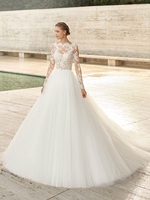 Robe de mariée blanche col bijou manches longues dos nu avec train dentelle longues robes de mariée