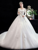 Robe de mariée blanche robe de bal train cathédrale col bijou manches 3/4 taille naturelle appliques en satin tissu robes de mariée