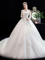 Robe de mariée blanche robe de bal train cathédrale col bijou manches 3/4 taille naturelle appliques en satin tissu robes de mariée