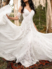 Robe de mariée blanche simple avec train col en V sans manches en dentelle une ligne longues robes de mariée