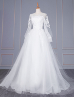 Robe de mariée blanche simple col bijou manches longues dentelle tulle longues robes de mariée A-ligne