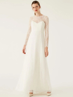 Robe de mariée blanche simple col bijou manches longues dos nu en dentelle robes de mariée longueur au sol