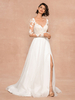 Robe de mariée blanche simple col en V manches longues dos nu dentelle A-ligne longues robes de mariée