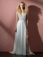 Robe de mariée blanche simple col en V sans manches taille naturelle dentelle en mousseline de soie A-ligne robes de mariée