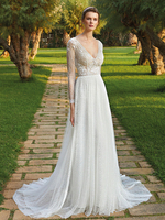 Robe de mariée blanche simple en dentelle col en V manches longues en dentelle robes de mariée A-ligne