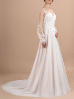 Robe de mariée blanche simple une ligne col en V manches longues en dentelle longues robes de mariée