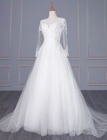 Robe de mariée blanche simple une ligne col en V manches longues fermeture éclair dentelle tull longues robes de mariée