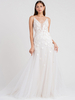Robe de mariée blanche train chapelle une ligne sans manches satin mat col en V dentelle tulle robes de mariée