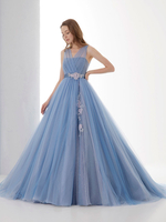 Robe de mariée bleue avec train bustier sans manches à lacets taille naturelle longue dentelle tulle polyester une ligne robes de mariée