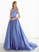 Robe de mariée bleue avec train bustier sans manches taille naturelle dentelle satin tissu une ligne robes de mariée