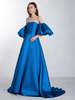 Robe de mariée bleue avec train sans bretelles à manches courtes à lacets taille naturelle tissu en satin A-ligne longues robes de mariée