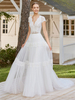 Robe de mariée bohème blanche avec train col en V manches courtes dentelle perlée A-ligne longues robes de mariée