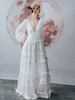 Robe de mariée bohème col et dos en V manche longue au sol