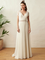 Robe de mariée bohème col V manche courte au sol