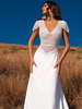 Robe de mariée bohème col V manche courte boutonné sur dos à petite traîne