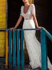 Robe de mariée bohème col V manche courte en dentelle au sol