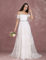Robe de Mariée Bohème dentelle détail zip en robe de mariée A-ligne avec traîne manches courtes avec ceinture Milanoo