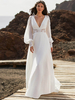 Robe de mariée bohème en mousseline de soie col V manche longue boutonné sur dos au sol