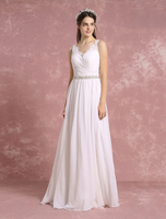 Robe de Mariée Bohème en mousseline de soie ivoire col V Robe de mariée longue A-ligne dentelle perlée