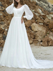 Robe de mariée bohème en mousseline de soie plissée ligne a avec traîne taille naturelle lacets manches longues col en V ivoire