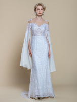 Robe de mariée bohème en polyester à plusieurs niveaux sirène avec traîne taille naturelle fermeture éclair manches longues décolleté illusion ivoire