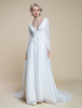 Robe de mariée bohème en polyester et dentelle coupe trapèze avec traîne taille empire fermeture éclair manches longues col en V ivoire