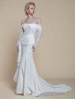 Robe de mariée bohème en polyester et dentelle fourreau avec traîne taille naturelle fermeture éclair manches longues col bateau ivoire