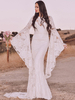 Robe de Mariée Bohème Longue Sirène Moulante à Traîne Creusante Floral avec Manches Longues Volantes à Col Rond avec Dos Nu Coupe Cintrée Unicolore