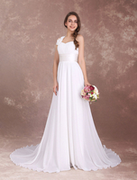 Robe de Mariée Bohème plage une épaule robe de mariée Boho plissée en mousseline de soie robe de mariée Ivoire fleurs avec traîne Milanoo