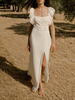 Robe de mariée bohème robe de mariage col carré sans manche jupe fendue au sol