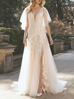 Robe de mariée bohème robe de mariage col V jupe fendue dos nu à traîne