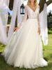 Robe de mariée bohème robe de mariage col V manche longue décolleté au sol