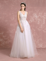 Robe de Mariée Bohème tulle ivoire col V robe de mariée A-ligne perles appliques avec traîne