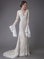 Robe de mariée bohémien ivoire en dentelle col V manche longue zip sur dos robe de mariage