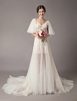 Robe de mariée bohémien ivoire en tulle col V en dentelle manche courte dos nu robe de mariage